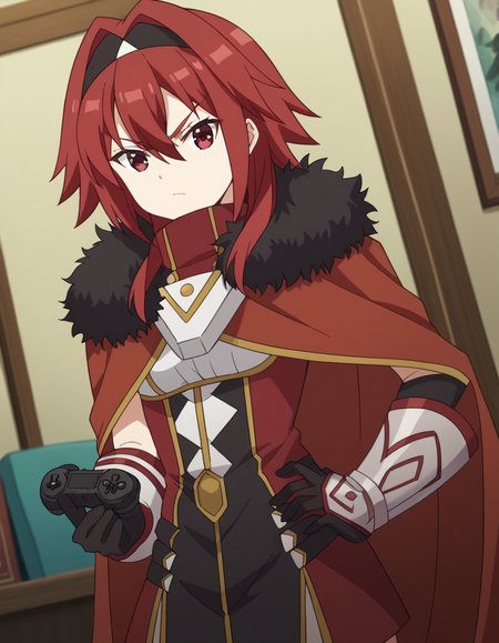 score_9, score_8_up, score_7_up, source_anime, <lora:bofuri-mii-s2-ponyxl-lora-nochekaiser:1>, mii, long hair, bangs, red eyes, hair between eyes, sidelocks, red hair, hairband, black hairband,, gloves, black gloves, cape, armor, fur trim, red cape,, living room, video game, controller, competitive, fun, afternoon, , looking at viewer, elbow bent, foot crossed, hand on hip, solo,, cowboy shot, dutch angle