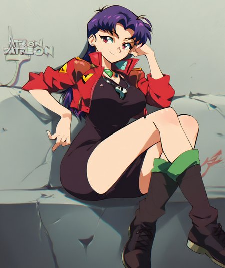 score_9, score_8_up. score_7_up, <lora:aetherion:1> aetherion,  score_9, aetherion, 1girl, katsuragi misato, jewelry, black dress, red jacket, large breasts, smile, looking at viewer, long hair, sitting, purple hair, necklace, earrings, cropped jacket, red eyes, black footwear, open jacket