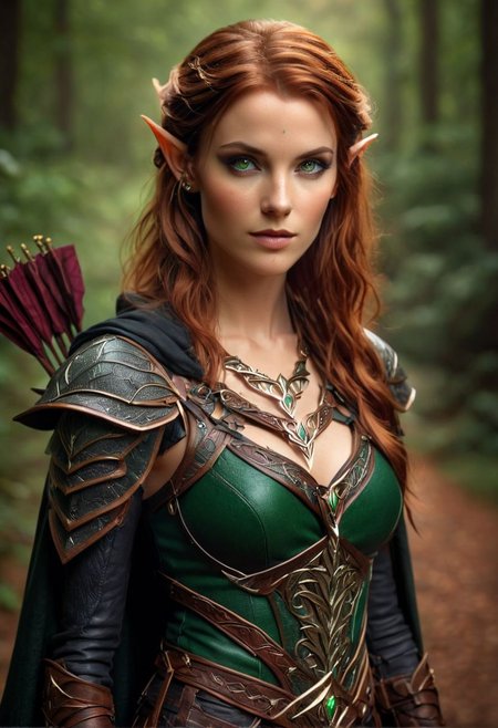 high fantasy style RAW photo, (barbsynthxl:0.6), Magical, medieval fantasy style, vibrant, stunningly beautiful, crisp, detailed, high contrast, cinematic, ultra detailed, intricate, professional, (high quality:1.4), (intricate, high detail:1.2), professional photography, HDR, High Dynamic Range, realistic, ultra realistic, photorealistic, high resolution, film photography, ambient lighting, UHD, Female Wood Elf, sleek leather armor, Dark cloak, Ginger Hair, Freckles, green eyes, over-the-hip shot, cleavage, elf ears, tribal ear piercings, bramble necklace,