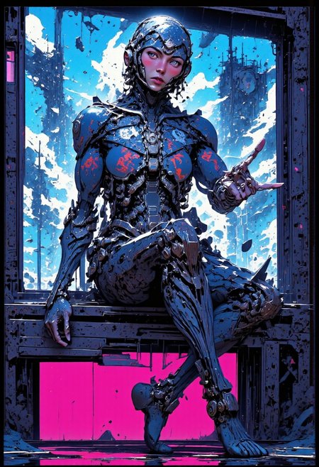 (in Otomo Katsuhiro style:1.2), masterpiece, high-quality, A futuristic scout girl in a sleek angular suit embedded with pulsating circuits, Portrait android under construction, a young girl with a very pretty model face, seated on a screen where you can see a virtual diagram of her like maps, a robotic arm works on some circuits on her arm, several cables come out of her head, in the background a laboratory and various details of buttons with RGB lights, PC from the decade of the 70s, honey-colored eyes, scanning the area for unseen threats, urban sprawl, circuit suit, digital skyline, (Stylized in neon cyberpunk anime with a sharp high-contrast aesthetic:1.1), (elaborate fine details:1.1), (hyperdetailed:1.1), (intricate details:1.0), (Refined details:1.1), (best quality:1.1), (high resolution:1.2),