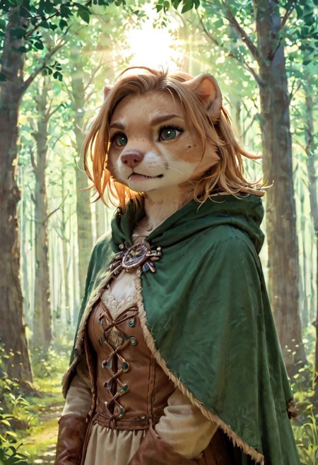 score_9, score_8_up, score_7_up, score_6_up, solo, stoat, beige fur, freckles, fantasy clothes, green clothes, blond hair, green cape, female, forest background, sun, weasel