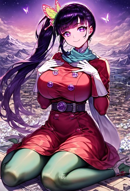 gorgeous lips, cinematic, (masterpiece), (best quality), (ultra-detailed), very aesthetic, perfect composition, intricate details, absurdres, detailed face, (anime, masterpiece, intricate:1.3), (best quality, hires textures, high detail:1.2), score_9, score_8_up, score_7_up, source_anime, 1girl, kanao tsuyuri, black hair, pink highlights, butterfly, butterfly hair ornament, purple eyes, long hair, side ponytail, ponytail, eyelashes, hair ornament, scarf, dress, red dress, long sleeves, buttons, gloves, white gloves, belt, pantyhose, green pantyhose, laced heels, white footwear, skirt, flower patterns, alternate_costume, enormous breasts, facial expression, kind, soft eyes, head tilt, slightly smiling, closed mouth, hand on breasts, goddess, planet size, giantess, growing even bigger, sitting on the city floor, gradient eyes, beautiful detailed eyes, city background, mountain landscape, city, mountain, building, skyscrapers, surrounded by tall skyscrapers, (masterpiece:1.4), (best quality:1.4), (ultra-detailed:1.2), gl0w, glow,