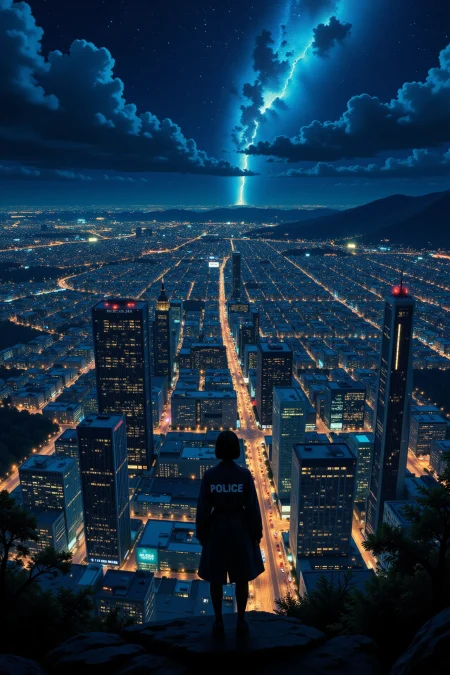 A police force watching over the city beautiful  landscape, bright luminous night, woman, very intricate, very detailed, sharp, bright, colorful, <lora:Hand v2:0.5> <lora:Anti-Blur:1><lora:Insane Detail Slider:0.25>  <lora:flux.1_lora_flyway_Epic-detail_v2:0.3> <lora:fluxenhancer:0.25> <lora:Anime_style:0.6> anime style