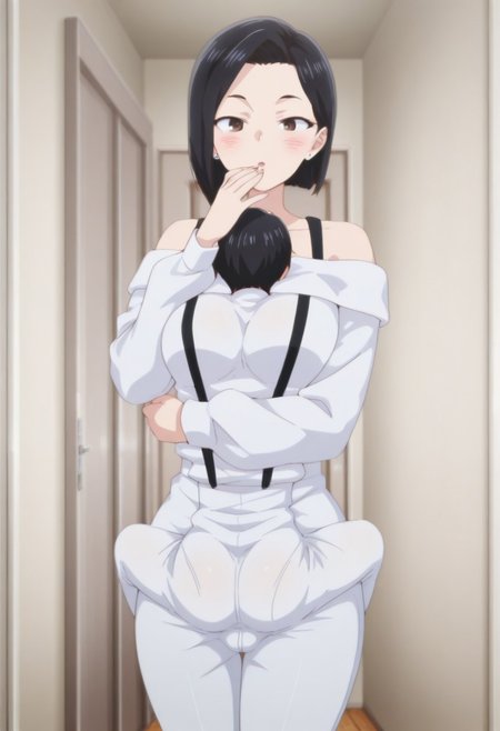 anime coloring, anime screencap, masterpiece, best quality, amazing quality,
 <lora:Sanae_Yamada_The_Dangers_in_My_Heart_-_Illustrious_V2:1>
 1girl, solo, brown eyes, black hair, earrings, blush, short hair, jewelry, indoors, off-shoulder shirt, stud earrings, shirt, collarbone, off shoulder, looking at the viewer, bare shoulders, long sleeves, Sanae white shirt with suspenders outfit, hand to mouth, mouth open, cowboy shot
1boy, short male, sex, face-to-face, missionary, leg wrap, holding on, underneath clothing, clothing entrapment, head between breasts, under another’s clothes, bare head, head outside clothing, leg around waist, black hair, short hair, turning away from viewer,