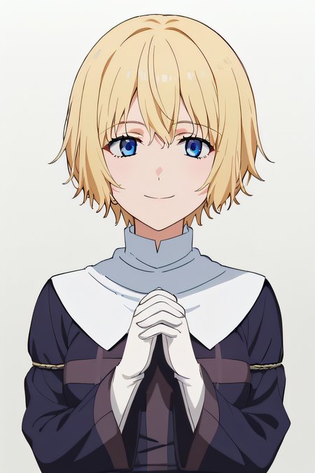 score_9, score_8_up, score_7_up, source_anime, rating_safe, intricate details, anime screencap, official style, 1girl, solo, <lora:PONY_Orsola_Aquinas_v2:1>, orsola, blonde hair, blue eyes, nun dress, white gloves, looking at viewer, smile, simple background, cowboy shot, own hands together