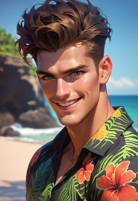 score_9,score_8_up,score_7_up, handsome 30 yo man posing, smile, black highandtight hair with fade, hawaii shirt, beach, upper body shot, looking at viewer
