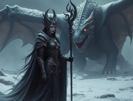 An atmospheric and powerful dark fantasy image,  classical style painting of a beautiful evil female warrior dressed in intricate dark armor.  She holds a powerful staff of dark magical steel.  She stands triumphantly in front of a large dragon in the snow. Cinematic shot in a snowy battlefield.
 