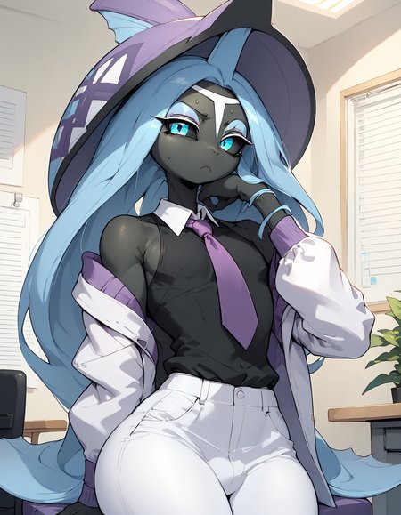 score_9,score_8_up,score_7_up,score_6_up,score_5_up,score_4_up, (solo), 1girl, femboy, girly, anthro, Tapu Fini, pokemon \(creature\), black skin, blue hair, long hair, aqua eyes, multicolored eyes, Expressiveh, looking at viewer, colored sclera, black sclera, office, (white suit, black shirt, white pants, white jacket, purple tie), wide hips, elegant, hat, unimpressed, bored, <lora:7ec47181-66fd-458d-94ca-dd9d4ce04993:0.9>, <lora:cefaa866-a58e-40ba-a219-79ab392f7d60:0.8>, <lora:a1961b78-a65d-4314-b8ac-ee4a8460deb0:0.9>