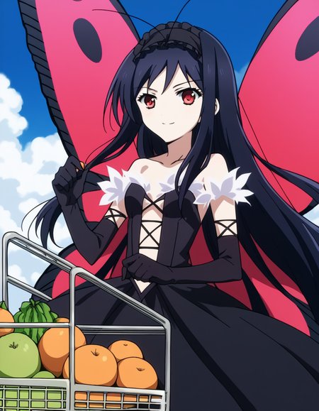 score_9, score_8_up, score_7_up, source_anime, <lora:accelworld-kuroyukihime-s1-ponyxl-lora-nochekaiser:1>, kuroyukihime, long hair, black hair, red eyes, antenna hair,, gloves, dress, bare shoulders, hairband, wings, elbow gloves, butterfly wings, black dress, center opening, collarbone, long skirt, frills, headdress, black headdress,, grocery store, shopping cart, picking fruits, everyday life, smile, from below, looking at viewer, solo,, dutch angle, cowboy shot