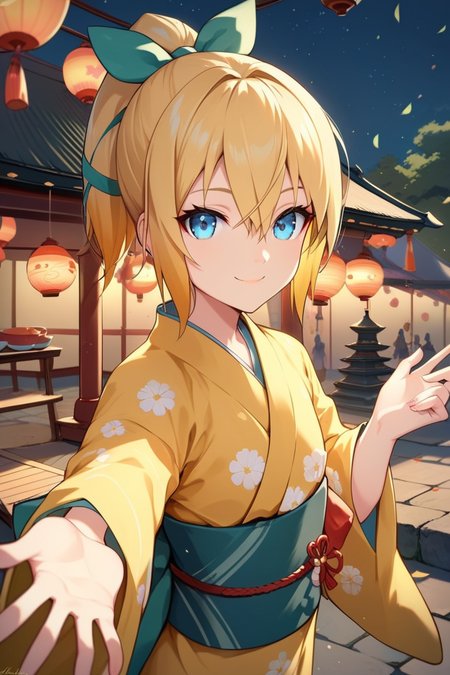 score_9, score_8_up, score_7_up, very aesthetic, source_anime, detailed, high quality, beautiful, masterpiece,
<lora:lightXL:0.8> 
night, japanese shrine, festival, japenese festival, 
cowboy shot, upper body,  close up, first person view,
flat chest, light smile, hand reaching out, looking at viewer
<lora:edna_v05:1>
edna \(tales\), short hair, blonde hair, multicolored hair, orange hair, high ponytail, blue eyes, hair between eyes, yukata, yellow kimono, tabi,, zPDXL