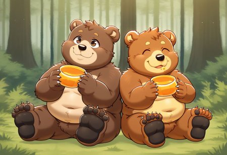 chubby bear cub eating honey in a forest, furry, rated_G, sitting, bear paws, happy mood, soles, cub, love handles, chubby cheeks,