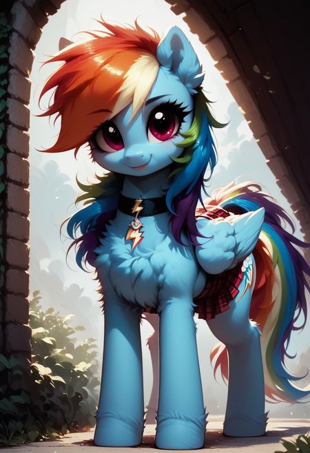 score_9, score_8_up, score_7_up, score_6_up, high resolution, hight detailed, high quality, intricate detail, detailed, (((feral pony))), solo, bitter, fluffy, fur, cute face, cute, wide hips, wide thighs, dark theme, full body, female pony, mare, ((rainbow dash)), wings, (short body), (long legs), (lanky), petite build, egirl, emo girl, ((black streak)), hair over one eye, thick mascara, choker, miniskirt, ((plaid skirt)), midriff, looking to the viewer, standing, Curvy figure, solo