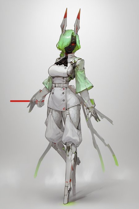 score_9, score_8_up, score_7_up, score_6_up, score_5_up, score_4_up, BREAK, source_anime, solo, 1girl, rating_safe, ((mature female)), ((long green flowing hair)), mechanical parts, (big backwards folded mechanical rabbit ears), mature female, (bunny ears), (animal ears), subdermal port, ((milf, mature female, big breasts)), hexagon lines in skin, naval uniform overcoat, naval uniform, white military uniform, dress_uniform, ribbons, ((red eyes)), bunny tail, rabbit tail, aiguillette, ((green hair)), ascot, ((High Angle (from behind) view Extreme Distance shot)), latex pilot suit, shoulder cutout, bunny rabbit Tail, ((hair over one eye, )), digitigrade, clawed feet, minimal clothes, ((metal skin, shiny skin, vampire aesthetic, digital eyes, filled eyes, monochromatic eyes, glowing eyes, colored sclera, red sclera, mechanical eyes, partially shaded face, )), <lora:ECHANIS:1>,  <lora:IncaseLycoXL:1>