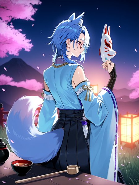 IllustriousQual <lora:cfg_scale_boost:0.3> <lora:StS-Illustrious-Detail-Slider-v1.0:3>,detailed_background,outdoors,mountainous horizon,absurdres,bridal gauntlets,blurry,fox tail,hakama,ring hair ornament,lantern,tsukishiro yanagi,long sleeves,medium hair,alternate costume,highres,nail polish,blue hair,blue kimono,shirt,plus q,male focus,iriomote,glasses,blue hakama,kimono,standing,chawan,dress shirt,kamisato ayato,ribbon trim,chagama \(pot\),depth of field,night,fox mask,ribbon-trimmed sleeves,black bridal gauntlets,hishaku,blue nails,eous \(zenless zone zero\),japanese clothes,pink hair,1boy,fingernails,mask,black skirt,detached sleeves,petals,fox boy,outdoors,from side,from behind,pink eyes,bowl,pink petals,long fingernails,chasen,alternate species,long hair,tea ceremony,skirt,grass,sitting