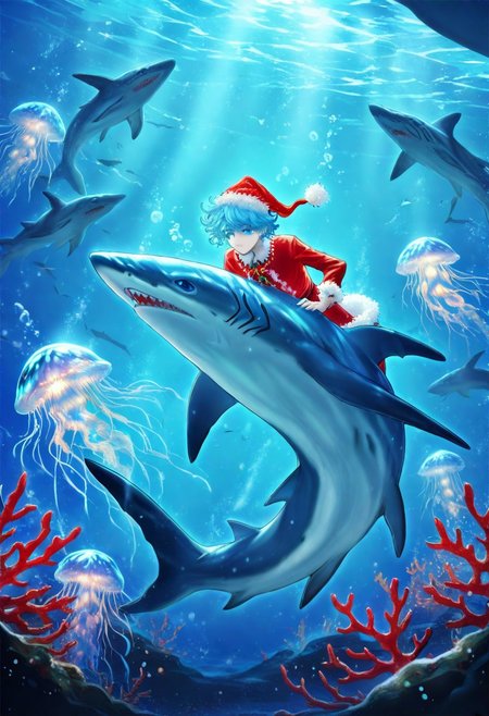masterpiece, best quality, high quality, good quality, boy, curly hair, blue eyes, blue hair, animal, sharks, jellyfish christmas animals, swiming, underwater, glowing corals, festive ambiance, bioluminescence, holiday theme, detailed, intricate details, dynamic lighting, festive accessories, Santa hats, animal christmas