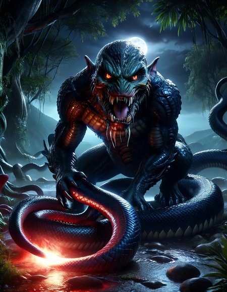no humans, Benjamin Netanyahu, snake, general, glowing eyes, looking at viewer, saliva, forked tongue, monster, dark night, shiny, reflection, sharp teeth, fangs, dark, masterpiece, best quality, very awa, newest,