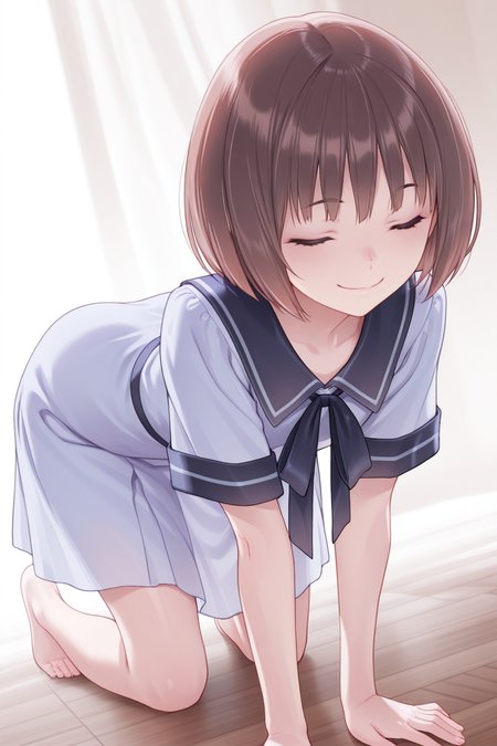 masterpiece, best quality, amazing quality,
<lora:Uta_IL:1>  uta, 1girl, solo, closed eyes, short hair, school uniform, all fours, brown hair, smile, dress, sailor dress