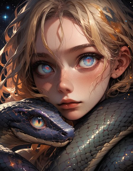 score_9, score_8_up, score_7_up, score_6_up, score_5_up, score_4_up,  girl and a snake, black snake, black scales, girl has blonde hair and blue eyes, snake red eyes, small eyes, galaxy, cosmic horror, black background