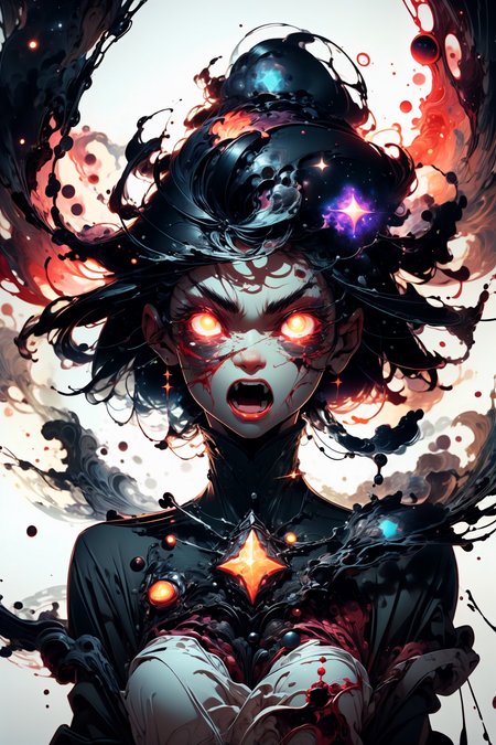 god, divine woman, 
glowing eyes, glow, rage transformation, (red eyes:1.2), (rage:1.2), psycho, (madness:1.2), (angry:1.4), wide-open eyes, (blood:1.2), bloody face, open mouth, shout, (raging:1.2), (tears:1.2), 
masterpiece, abstract, dream, cosmic, destroyer of worlds, 
<lora:more_details:0.4>
 <lora:Cosmic anime-oil fusion v2:0.45> 
<lora:AnimeVibesV3:0.2> animevibes, 
<lora:3DMM_V11:0.5> 3DMM 
<lora:midjourney_20230624181825:0.45> midjourney ,
 <lora:LAS:0.1> colorful,
<lora:msw_locon-t2:0.7>
 <lora:wuxia2:0.5> gu,
 <lora:CelestialSkin2:0.65> dark celestialskin body, void cosmic body,, shiny, shiny hair, shiny skin, shiny clothes