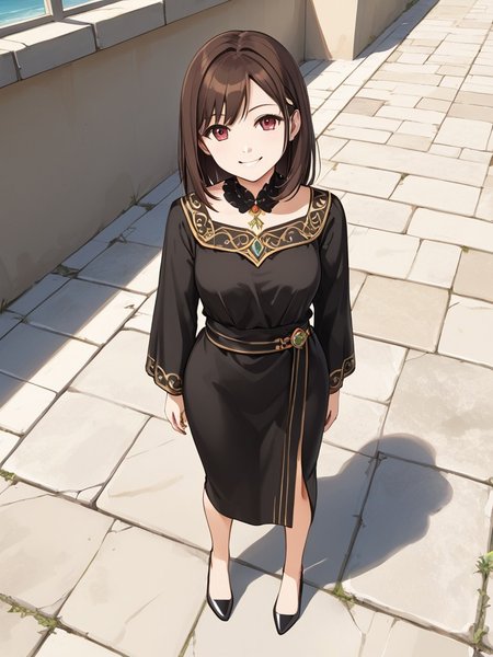 1girl, black cloth, smile, top view, looking to viewer, full body, focus full body, masterpiece, best quality, very aesthetic