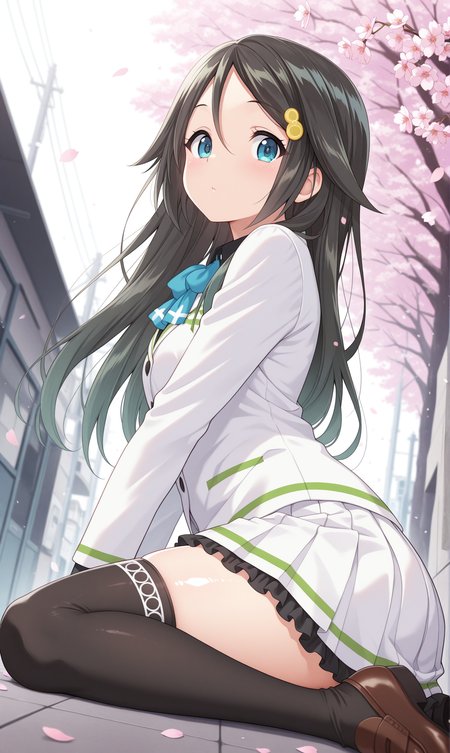 1girl, solo, masterpiece, best quality, amazing quality, street, cherry blossoms, shiny skin, looking at viewer,  <lora:izumi_reina_illust_scarxzys:1>, izumi reina, blue eyes, black hair, long hair, parted bangs, hair ornament, school uniform, white jacket, blue bowtie, long sleeves,  black shirt, white skirt, pleated skirt, frilled skirt, frills, black thighhighs, brown shoes, wariza, from side, from below, floor