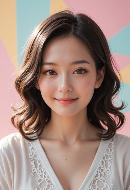 Masterpiece, score_9, score_8_up, score_7_up, asian gravure idol, milf, upper body close-up, soft smile, warm eyes, shoulder-length wavy hair, natural skin texture, glowing complexion, pastel background, wearing a flowy blouse, relaxed and cheerful vibe, delicate lighting, subtle shadows