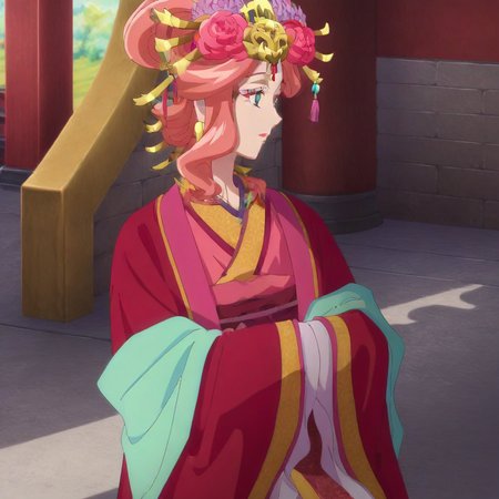 Masterpiece, real anime style, good quality, excellent quality, better quality, good resolution, excellent resolution, better resolution, good details, great details, high details, excellent details, excellent lighting, excellent shadows, excellent reflections, shaders, Gyokuyou, pink hair, jade eyes, beautiful face, perfect face, perfect face, pretty face, perfect anatomy, beautiful eyes, necklace, maroon kimono, earrings, hair ornaments, hair accessories, side view image, detailed background, ancient Chinese background, illuminated background