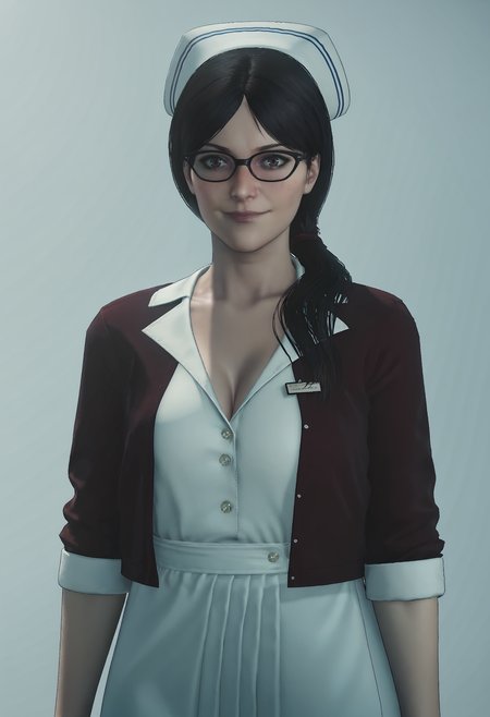 score_9, score_8_up, score_7_up, score_6_up, score_5_up, score_4_up, 1girl, <lora:TatianaGutierrez:0.85> solo, large breasts, long hair, black hair, brown eyes, hair over shoulder, dress, jacket, nurse cap, glasses, nurse, pantyhose, open toed shoes, high heels, smile, blush, upper body, cleavage, 
light blue background, simple background,