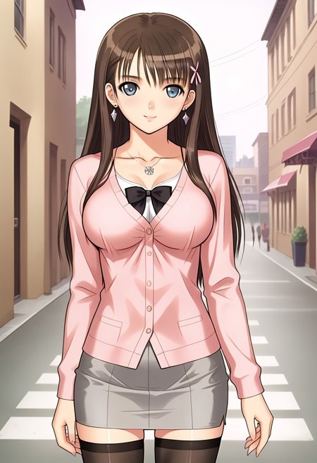 in school, jewel necklace, (seductive body, long hair, long sidelock hair, brown hair,  ribbon on hair, grey skirt, solo, pink cardigan, black t-shirt, pencil skirt,collarbone,), thigh-highs, 1girl, best quality, cowboy shot, seductive smile, tony taka, Overall Detail, (slim, contrapposto, standing, earrings, looking at viewer, young-adult), large breast, tony taka, negative hand, Fix hand