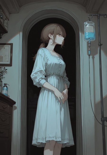 solo, detailed, ethereal, contemplative, 
inside,  room, 

standing, looking afar, (intravenous_drip, injection:1), 

1girl, brown hair, neat hair, low ponytail, bright blue patient dress, 

masterpiece, best quality, amazing quality, very aesthetic, absurdres, newest, 