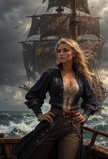 Grimy 24-year-old blonde pirate woman with weathered skin, sea-sprayed hair, and a salty gaze leaning against mast of. her storm-battered ship, a dagger by in her hand limp at her side, exhausted after another sea battle. The rough grey sea stretching out before her like an endless battlefield, waves crashing against the vessel's hull as dark, foreboding clouds gather on the horizon, an airship looming in the distance, its billowing sails tattered, the pirate's tunic a deep, rich blue with sea-worn whites and tawny leather accents, contrasting warm golden light on weathered wood and cold blue shadows, 8k hyper-real fantasy matte painting in the style of Simon Stalenhag, ZBrush textures and Unreal Engine 5, detailing reminiscent of Iain McCaig's concept art, loose brushstrokes echoing the rugged seascape my soulmate
 <lora:Flux-style-xl-lora:0.5> <lora:DetailMaximizer:1> <lora:CinematicStyle_v1:1> <lora:zavy-cntrst-sdxl:0.5> <lora:- SDXL - vanta-black_contrast_V3.0:0.5>