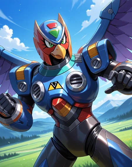 <lora:Storm_Eagle_(Mega_Man_X)_(Illustrious)_(AD):1> Storm Eagle, reploid, MMX, 
exterior, blue sky with clouds, mountain valley, grassy valley, soft detailed light colored anime background, 
dutch angle, dynamic action, cowboy shot, perfect depth of field shot, 
male focus, intense shadows, dynamic shadows, intricate details, attention to details, gradient coloring, robot, beak, bright vivid colors, deep metallic colors, glossy metal body, wings, fighting stance, smile, logo on chest, bulky body, muscular, 
BREAK very awa, masterpiece, best quality, amazing quality, very aesthetic, highres, absurdres, 
EZRealPONYXL, zPDXL, Smooth Quality, lazynsfw,