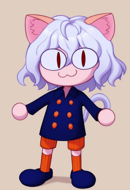 newest, noccen, :3, chibi, animal ear fluff, slit pupils, full body, solo, 1girl, doll joints, cat tail, looking at viewer, standing, short hair, white hair, curly hair, hair between eyes, animal ears, red eyes, blue jacket, collared jacket, buttons, double-breasted, long sleeves, orange shorts, ribbed shorts, orange socks, ribbed socks, blue shoes, simple background