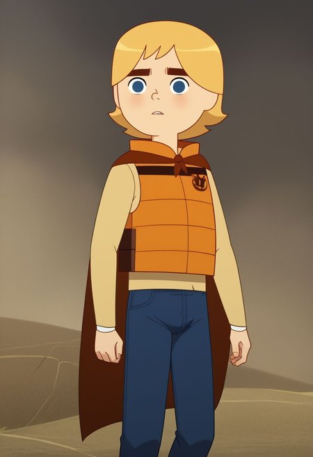 1boy, ben, solo,  blonde hair, blue eyes, sweater, blue pants, vest, brown cape, bulge