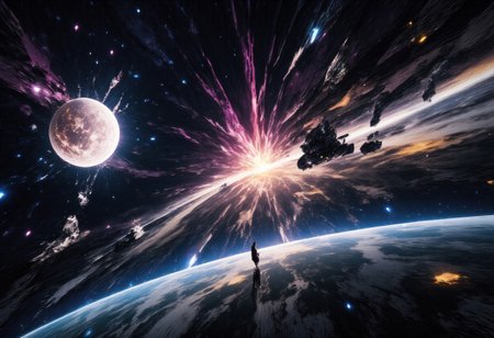 space battle between two fleets, on the background of a gas giant. many ships and explosions. space anomalies. [Carne Griffiths],[Conrad Roset],((migrainzxxl)) [Brian Kesinger] cinematic lighting, highly detailed, breathtaking,high resolution, colorful accent colors,