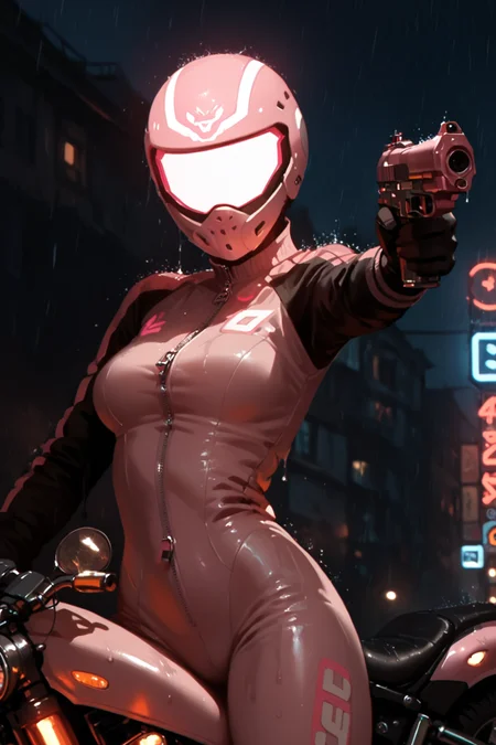 1girl, weapon, pink gun, bodysuit, , rain, solo, motor vehicle, holding weapon, breasts, aiming, pink motorcycle, handgun, holding, holding gun, pink bodysuit, aiming at viewer, blurry, night, motorcycle helmet, , biker clothes, neon lights, bikesuit, blurry background, outdoors, zipper, depth of field, wet, skin tight, cowboy shot, gloves, facing viewer, city, black gloves, , eyes covered,  open clothes, pink headgear, tron, zPDXL3, detailxl,  Score_PnyReal, (lineless:1.5)