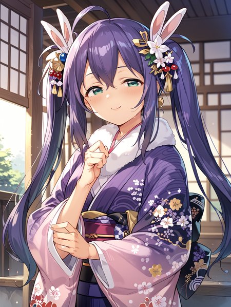 score_9,score_8_up,score_7_up,
official art,official style,game cg,megami magazine,
uncensored,
1girl,solo,
mochizuki anna,purple hair,green eyes,ahoge,twintails, 
japanese clothes,obi,obijime,obiage,kimono,fur-trimmed kimono,fur trim,
<lora:idolmaster_mochizuki_anna_pony_v1:1>,