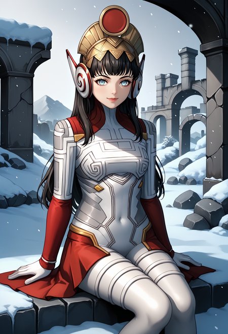 score_9, score_7_up, source_anime, 1girl, sitting, cowboy shot, looking at viewer, smile, <lora:zs_PanagiaTaoXL:1> panagiataosmtv, long hair, black hair, blunt bangs, blue eyes, helmet, white bodysuit, white gloves, red sleeves, red skirt, rock, snow, ruins