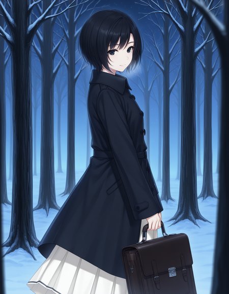 1girl, solo, tokisaka yukari, black hair, short hair, black eyes, light smile, (long coat:1.2), black coat, closed coat, sleeves past wrists, white skirt under coat, long skirt, pleated skirt, holding school briefcase, looking at viewer, from side, depth of field, night, low light, winter, outdoors, trees, forest <lora:tokisaka_yukari_ilxl_v1:0.7>