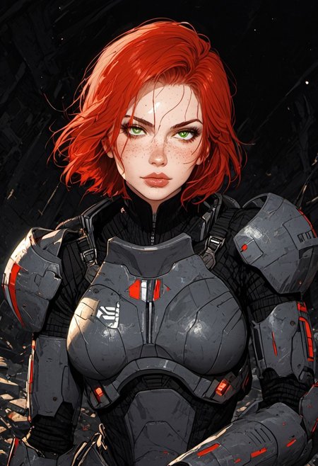 ((zPDXL3)), score_9, score_8_up, score_8, ((full body)), (sexy:2.5), (SuperQuality:1.0) ~ (SuperQuality:1.2), Science Fiction, Star Wars, perfecteyes, ultra detailed, high resolution, high quality, masterpiece, intricate details, intricate body, intricate landscape, knva, Expressiveh, European Instagram Model, upper body shot, low light, dungeon, ruins, green glow, black background, 
BREAK
1girl, solo, source_cartoon, mature female, 1girl, femshep, red hair, short hair, green eyes, freckles, science fiction armor, boots, holding gun, sitting on tank, crouching, cowboy shot, beautiful, full lips, looking at viewer, closed mouth,