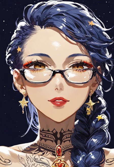 score_9_up, score_8_up, score_7_up, very detailed, 
1girl, dark skin, dark blue hair, braided hair, sci fi glasses, transparent glasses, thick framed glasses, tattooed face, sovietpunk, sovietpunk clothing, communist themed long gown, decorated boy suit, royalty, regal clothes, flowing cape, wearing tunic over bodysuit, well dressed, night time, starry skies, solo focus on female face, close up shot, from torso up, portrait style, anime style, detailed face, best detail, (best quality:1.5), masterpiece, (high resolution:1.5) 
ng_deepnegative_v1_75t, OverallDetail, , Expressiveh