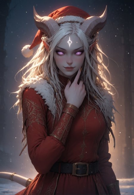 (absurdres, best quality, masterpiece:1.4), score_9, score_8_up, score_7_up, score_6_up, detailed, detailed body, detailed face, world of warcraft, fantasy, <lora:add-detail-xl:1.5>, 

fFaceDetail, ((female, draenei, tall, athletic arms, pale white skin, long white hair, purple eyes, no sclera, long white tail), (h0rns, ram horns, white horns), 
(long fingers, gold fingernails, gold nail polish)), 

alone, upper body, standing, looking toward viewer, soft smile,

Red santa dress with a white fur trim, red santa hat with a white fur trim, black belt with a gold buckle, black knee high boots, White thigh high socks

depth of field, evening, outdoor, harbour, snowing, light snow