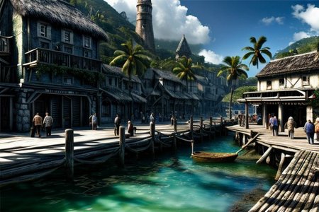 (masterpiece:1.2), (best quality,:1.2), 8k, HDR, ultra detailed, ((photorealistic)), perfect anatomy, professional light, cinematic lighting, fashion photography, ambient lighting, pire, ships, pier, outside a tavern over looking a busy harbor in the caribbean, noon