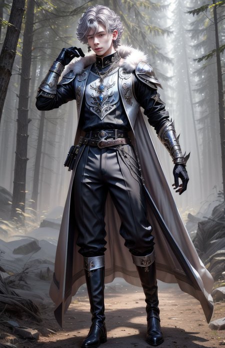 8k, wolf prince,   ((masterpiece)).((best quality:1.2)),  sharp focus, full body, head to toe, 1 young man, 22 years old, youthful appearance, male focus, dynamic pose,  silver colored hair, curly hair, EYESHD,  small testicle bulge, Nora outfit fur accents, Nora outfit bead necklaces, Nora outfit pants, Nora outfit hip quiver, Nora outfit leg guards, Nora outfit arm braces, Nora outfit belt with pouches, and Nora outfit fur boots,   defined body, thin waist, looking at camera, armor,  detailed background a wooded clearing, a pet wolf standing nest to him,(absurdres) , <lora:more_details:0.5>, <lora:wrenchftmfshn>,<lora:add-detailxl:0.8>, <lora:Eyes_High_Definition-000007>, , <lora:lightup_brightness_v200:1>, <lora:Nora:1>