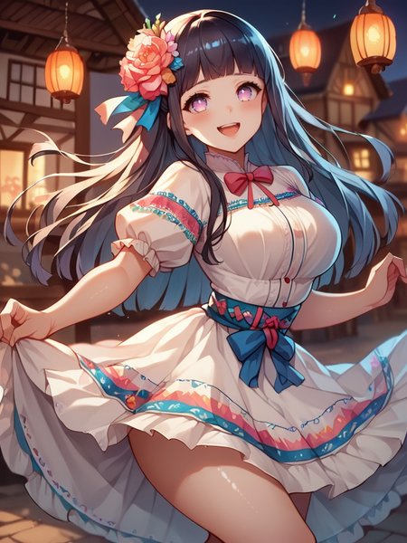 score_9, score_8_up, score_7_up, 1girl, curvy girl, from behind, dress lift, solo focus, looking at viewer, nervous smile, blush, naughty face, cowboy shot, (dynamic pose:1.1), cute, nsfw, room, big breasts, thick thighs, sexy pose, open legs, shiny skin, glowing, town, village, cute pose, open mouth, hyuuga hinata, 
<lora:MexicanTraditionalClothes_Concept-10:1> MexClothes, hair ornament, flower, white dress, frills, traditional clothes, ribbon, puffy sleeves, multicolored clothes, colorful clothes,