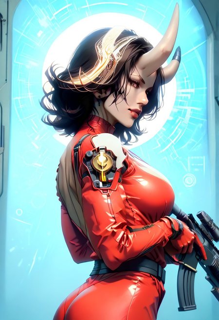 score_9, score_8_up, score_7_up, score_6_up, , demon, horns, futuristic, scifi, plugin, red latex, metal shoulder pads with a yellow stripe on the sides, (metal shin and foot protection), (black joggers: 1.2), large breasts, solo, medium hair, (yellow:blue:0. 4) hair color, hair over one eye, gloves, ass, beautiful ass, beatiful face, 
body 3/4, Foreshortening 3/4, body view 3/4, BREAK,  a Shotgun,ho1ding-weap0n, 1girl, holding rifle
 in hands, shotgun at waist level, weapon shoots, flash, shoots sparks, weapon shoots, BREAK, g0thicPXL, grin, technology, glowing, neon, holographic display, synozic style, gray skin, masterpiece, best quality, high  detail, professional lighting, half side view,Foreshortening 3/4,