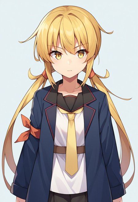 score_9, score_8, score_7, source_anime, satsuki (kancolle), low twintails, yellow neckerchief, cowboy shot, yellow necktie, blue jacket, collarbone, shirt, armband, standing