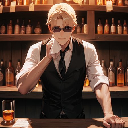 masterpiece, best quality, amazing quality, absurdres, newest, detailed background, definition so sharp, Ultra-HD, 8K cinematic, very awa, impressionate, amazing quality, highres, 
solo, male focus, manly, 
1boy, short hair, izumo_blonde, izumo_brown eyes, izumokusanagi, sunglasses \(pushed up\), bartender uniform, white shirt, black vest, rolled sleeves, wiping glass, warm lighting, cozy bar, wooden counter, bokeh, subtle glow, relaxed, inviting, professional, looking at viewer, gentle smile,
