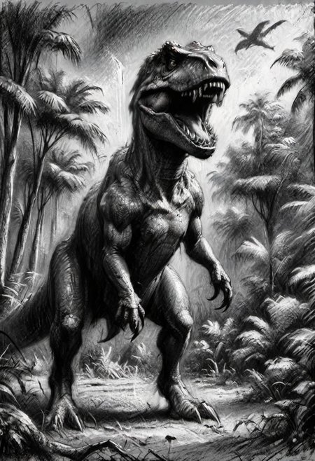 (masterpiece), 
A t-rex, jurassic park, 
Black and white tones,
HDR, highly detailed, 32k, 
looking at viewer,