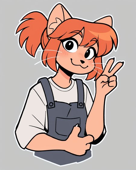 score_9_up, score_8_up, score_7_up, score_6_up, by remanedur, furry female, cat, female, furry, orange hair, black eyes, overalls, ponytail, whiskers,   small breasts, white shirt, bangs, looking at viewer, v sign,  smile, happy, head tilt, solo, three-quarter view, simple background, white outline,  <lora:Leah_Pines(AIM)_XL_v1:0.15> <lora:PDXL_artist_tags_v2_big:0.5> <lora:The-Minuscule-Task_PDXL_v1.0:0.6>  <lora:Abbey_Tompkins_jopitr:0.65>